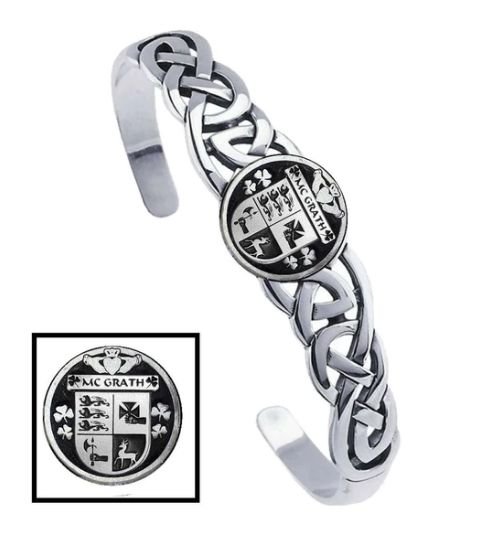 Image 1 of McGrath Irish Coat Of Arms Sterling Silver Family Crest Interlace Cuff Bracelet
