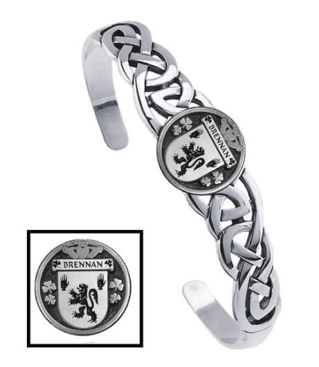 Image 1 of Brennan Irish Coat Of Arms Sterling Silver Family Crest Interlace Cuff Bracelet
