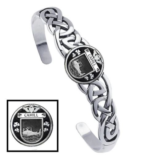 Image 1 of Cahill Irish Coat Of Arms Sterling Silver Family Crest Interlace Cuff Bracelet