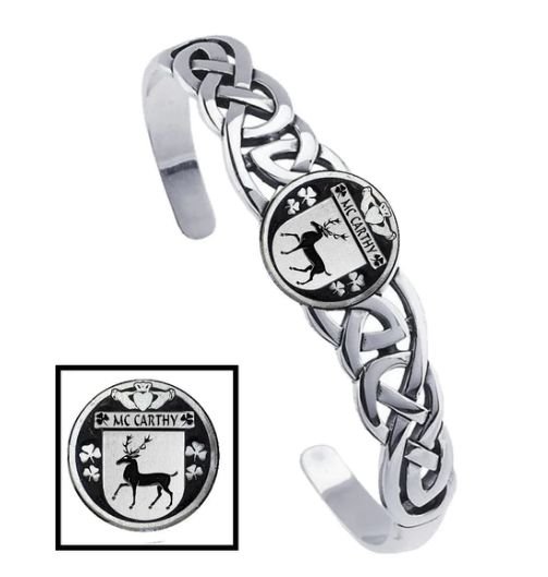 Image 1 of McCarthy Irish Coat Of Arms Sterling Silver Family Crest Interlace Cuff Bracelet