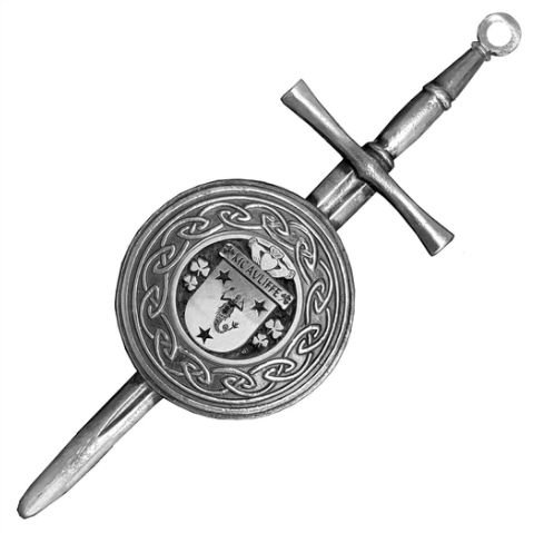 Image 1 of McAuliffe Irish Coat Of Arms Sterling Silver Dirk Shield Large Crest Kilt Pin