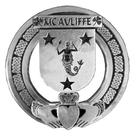 Image 1 of McAuliffe Irish Coat Of Arms Claddagh Stylish Pewter Family Crest Badge  