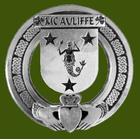 Image 0 of McAuliffe Irish Coat Of Arms Claddagh Stylish Pewter Family Crest Badge  
