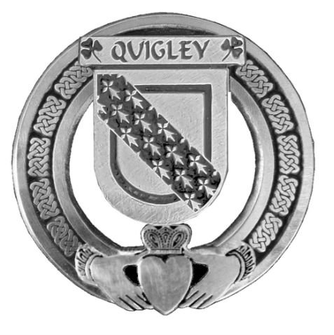 Image 1 of Quigley Irish Coat Of Arms Claddagh Sterling Silver Family Crest Badge   