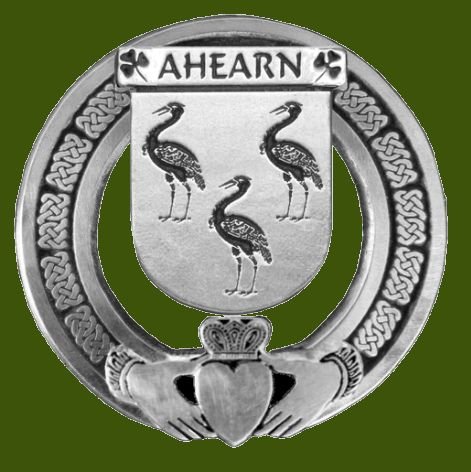 Image 0 of Ahearn Irish Coat Of Arms Claddagh Stylish Pewter Family Crest Badge  