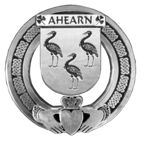 Image 1 of Ahearn Irish Coat Of Arms Claddagh Stylish Pewter Family Crest Badge  