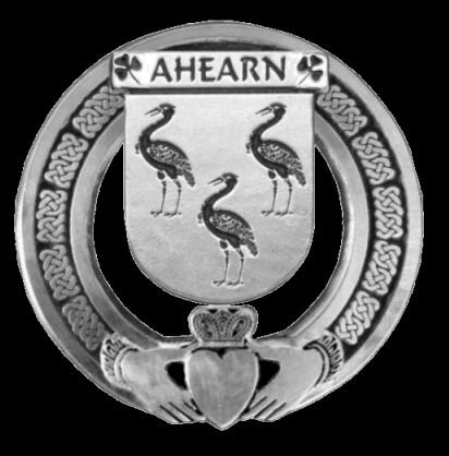 Image 0 of Ahearn Irish Coat Of Arms Claddagh Sterling Silver Family Crest Badge   