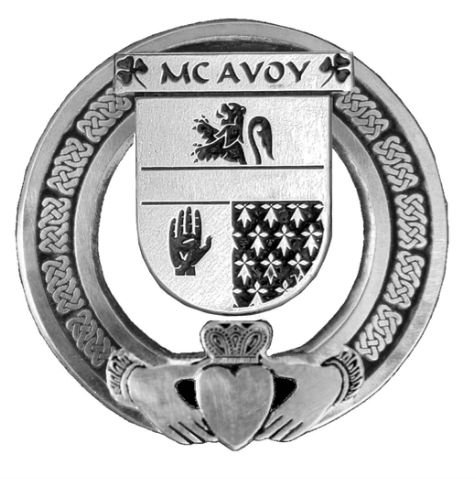 Image 1 of McAvoy Irish Coat Of Arms Claddagh Sterling Silver Family Crest Badge   
