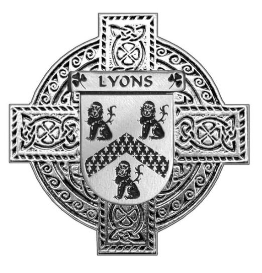 Image 1 of Lyons Irish Coat Of Arms Celtic Cross Stylish Pewter Family Crest Badge 