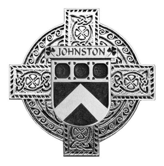 Image 1 of Johnston Irish Coat Of Arms Celtic Cross Stylish Pewter Family Crest Badge 