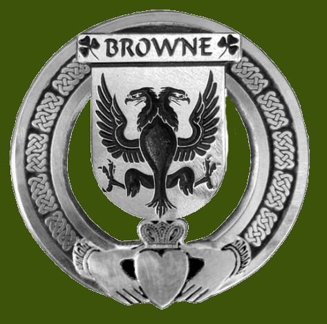 Image 0 of Browne Irish Coat Of Arms Claddagh Stylish Pewter Family Crest Badge  