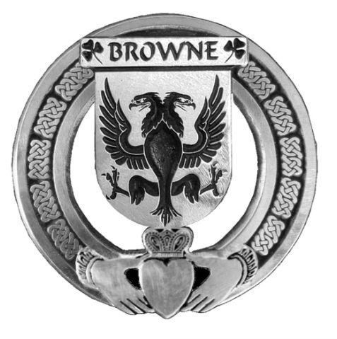 Image 1 of Browne Irish Coat Of Arms Claddagh Sterling Silver Family Crest Badge   