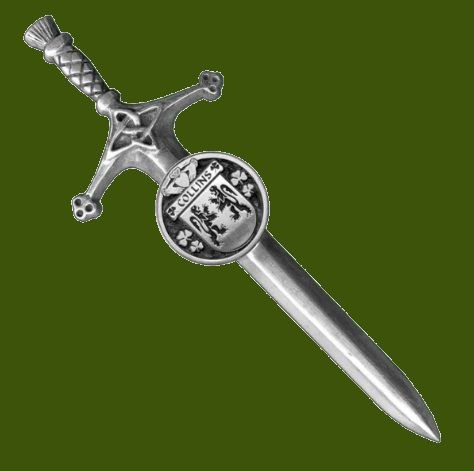 Image 0 of Collins Irish Coat Of Arms Claddagh Round Pewter Family Crest Large Kilt Pin