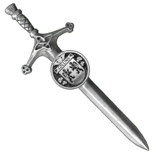 Image 1 of Collins Irish Coat Of Arms Claddagh Round Pewter Family Crest Large Kilt Pin