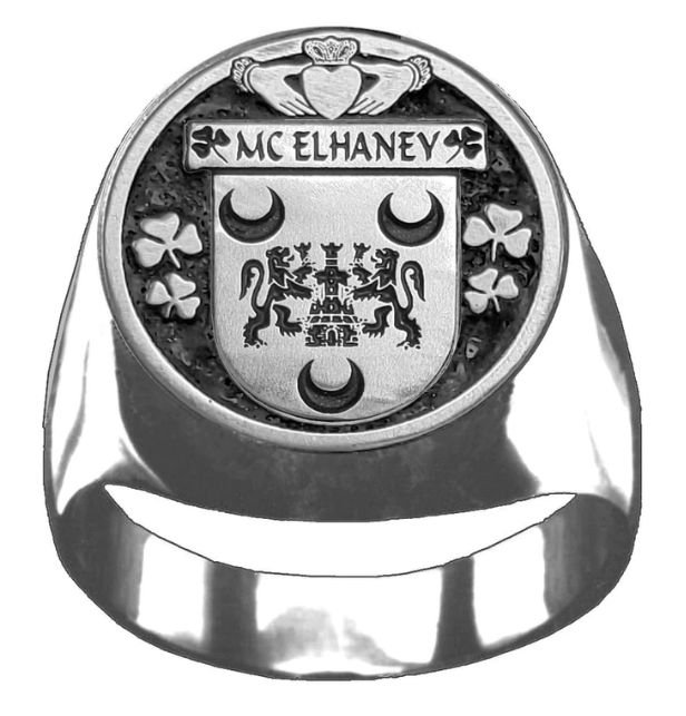 Image 1 of McElhaney Irish Coat Of Arms Family Crest Mens Sterling Silver Ring