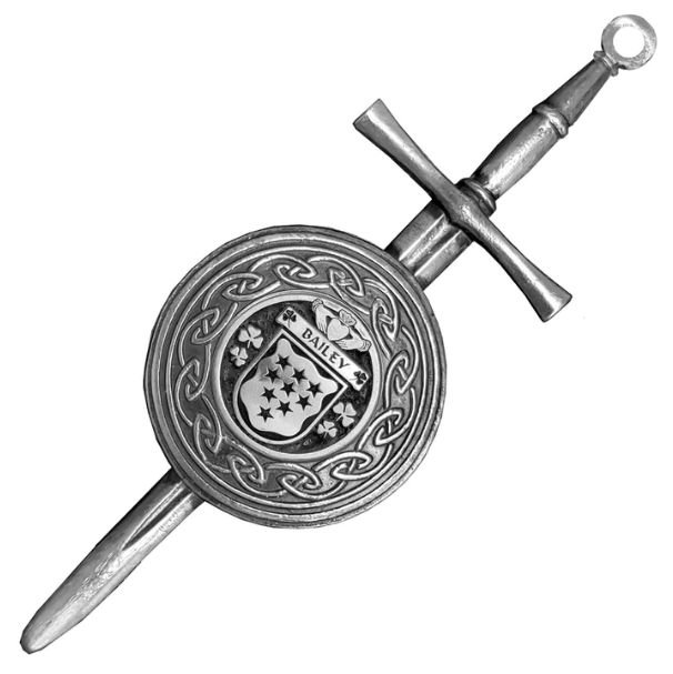 Image 1 of Bailey Irish Coat Of Arms Sterling Silver Dirk Shield Large Crest Kilt Pin