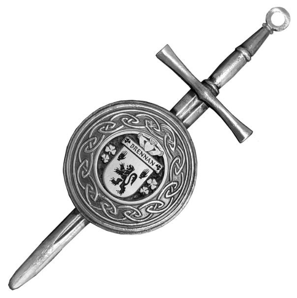 Image 1 of Brennan Irish Coat Of Arms Sterling Silver Dirk Shield Large Crest Kilt Pin