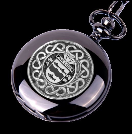Mccabe Irish Coat Of Arms Silver Family Crest Black Hunter Pocket Watch