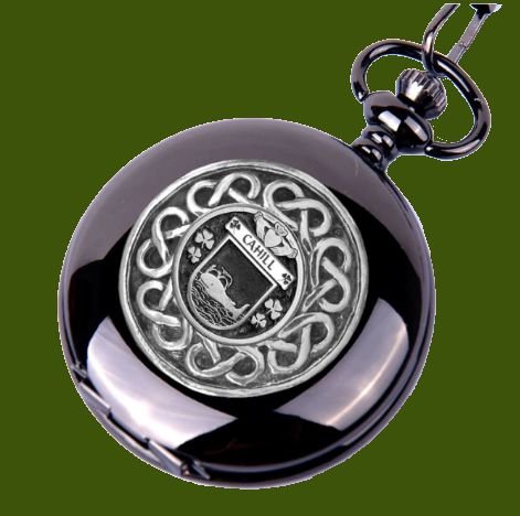 Image 0 of Cahill Irish Coat Of Arms Pewter Family Crest Black Hunter Pocket Watch