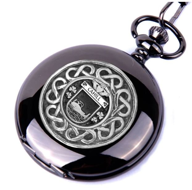 Image 1 of Cahill Irish Coat Of Arms Pewter Family Crest Black Hunter Pocket Watch