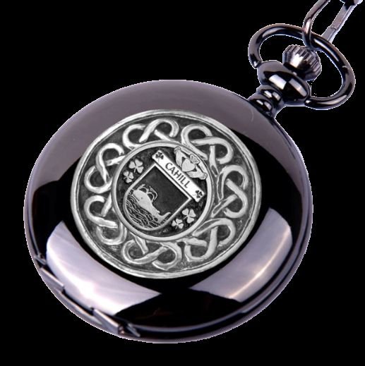 Image 0 of Cahill Irish Coat Of Arms Silver Family Crest Black Hunter Pocket Watch