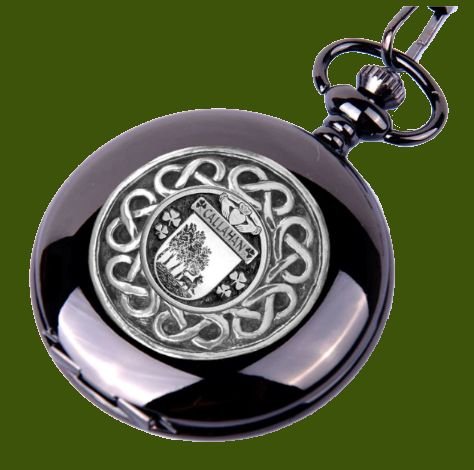 Image 0 of Callahan Irish Coat Of Arms Pewter Family Crest Black Hunter Pocket Watch