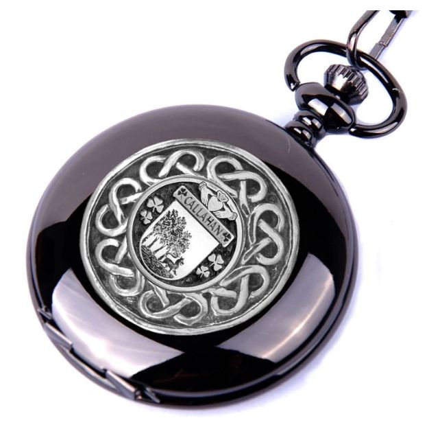 Image 1 of Callahan Irish Coat Of Arms Pewter Family Crest Black Hunter Pocket Watch