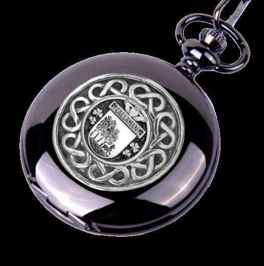 Image 0 of Callahan Irish Coat Of Arms Silver Family Crest Black Hunter Pocket Watch