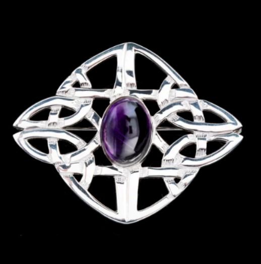 Image 0 of Celtic Knot Purple Amethyst Diamond Design Sterling Silver Brooch