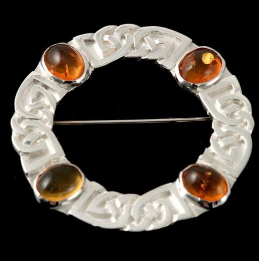 Image 0 of Celtic Knotwork Four Oval Amber Open Circular Sterling Silver Brooch