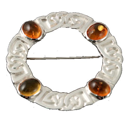 Image 1 of Celtic Knotwork Four Oval Amber Open Circular Sterling Silver Brooch