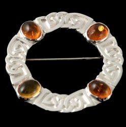 Celtic Knotwork Four Oval Amber Open Circular Sterling Silver Brooch