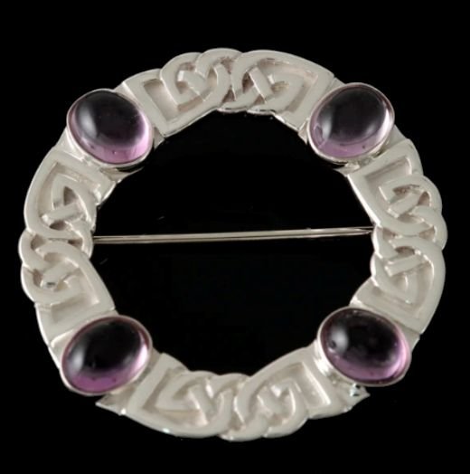 Image 0 of Celtic Knotwork Four Oval Purple Amethyst Open Circular Sterling Silver Brooch