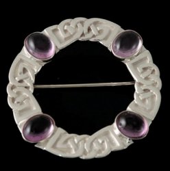 Celtic Knotwork Four Oval Purple Amethyst Open Circular Sterling Silver Brooch