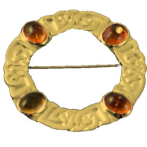 Image 1 of Celtic Knotwork Four Oval Amber Open Circular 9K Yellow Gold Brooch