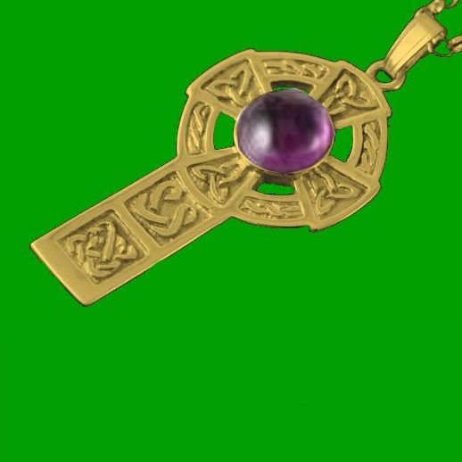 Image 0 of Celtic Cross Round Amethyst Drop Design 9K Yellow Gold Pendant