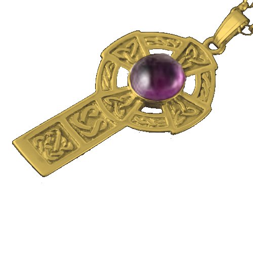 Image 1 of Celtic Cross Round Amethyst Drop Design 9K Yellow Gold Pendant