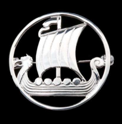 Image 0 of Viking Sea Longship Round Medium Sterling Silver Brooch