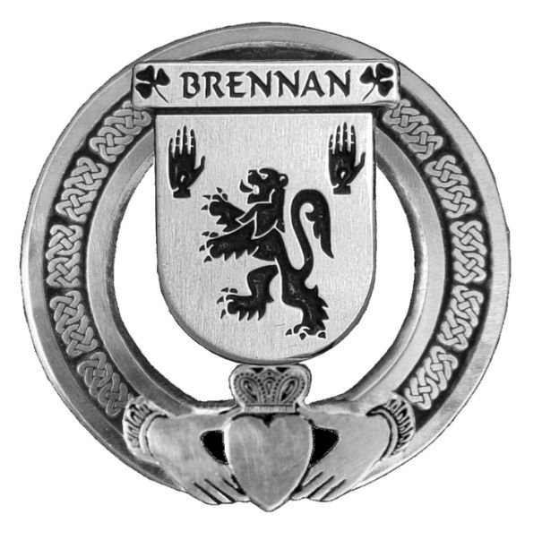 Image 1 of Brennan Irish Coat Of Arms Claddagh Sterling Silver Family Crest Badge   