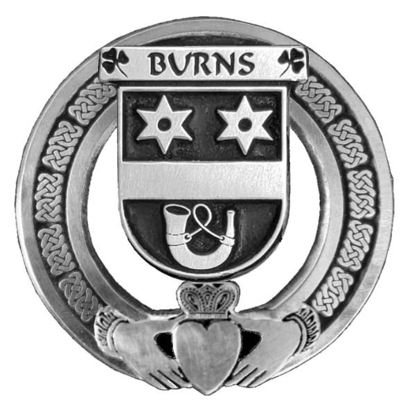 Image 1 of Burns Irish Coat Of Arms Claddagh Stylish Pewter Family Crest Badge  