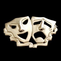 Comedy And Tradegy Drama Masks Small Sterling Silver Brooch 