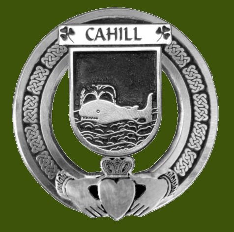 Image 0 of Cahill Irish Coat Of Arms Claddagh Stylish Pewter Family Crest Badge  