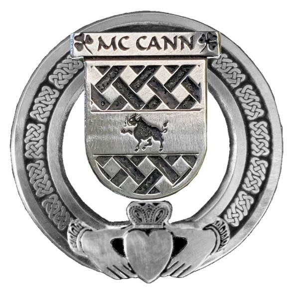 Image 1 of McCann Irish Coat Of Arms Claddagh Stylish Pewter Family Crest Badge  