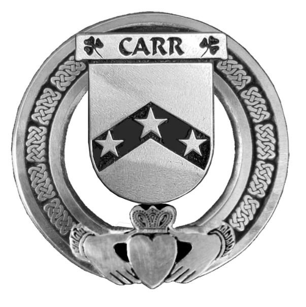 Image 1 of Carr Irish Coat Of Arms Claddagh Stylish Pewter Family Crest Badge  