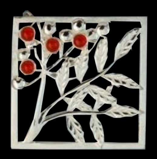 Image 0 of Rowan Tree Leaf Square Cornelian Medium Sterling Silver Brooch