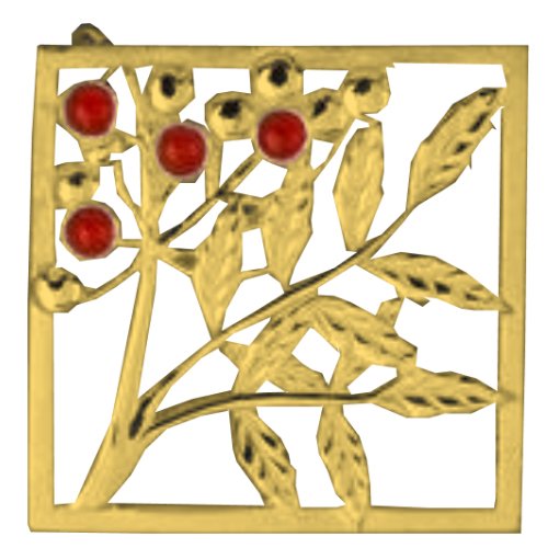 Image 1 of Rowan Tree Leaf Square Cornelian Medium 9K Yellow Gold Brooch