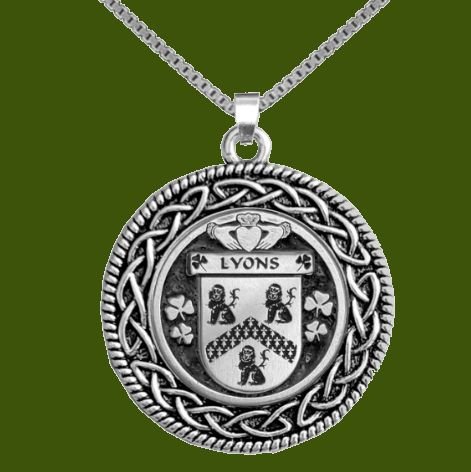 Image 0 of Lyons Irish Coat Of Arms Interlace Round Pewter Family Crest Pendant