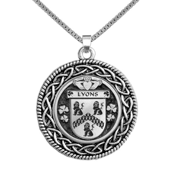 Image 1 of Lyons Irish Coat Of Arms Interlace Round Pewter Family Crest Pendant