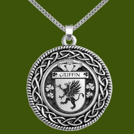Image 0 of Griffin Irish Coat Of Arms Interlace Round Pewter Family Crest Pendant