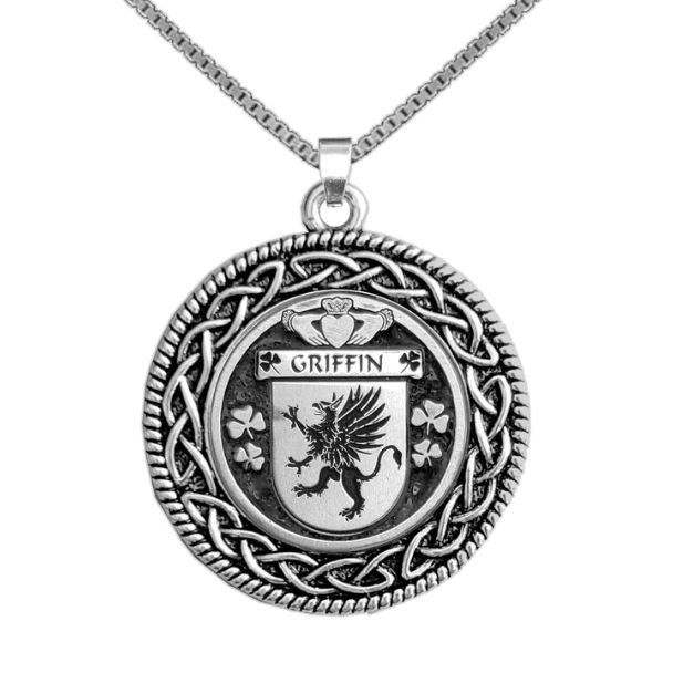 Image 1 of Griffin Irish Coat Of Arms Interlace Round Pewter Family Crest Pendant